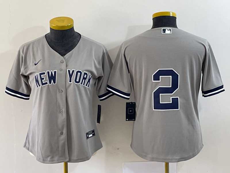 Womens New York Yankees #2 Derek Jeter Grey No Name Stitched Cool Base Jersey